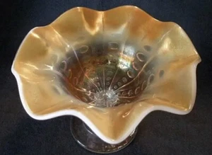 Vintage Dugan Amber Opalescent Coin Spot Carnival Glass Compote Dish - Picture 1 of 9