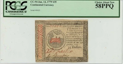 1779 January 14, $35 Continental Currency FR#CC-94 PCGS AU58 PPQ Choice - Image 1 of 2