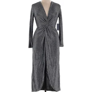 Reformation Carlyle Midikleid Metallic Schimmer Langarm Gr. XL Silber - Bild 1 von 7