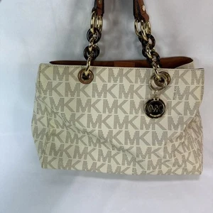 Michael Kors Cynthia MK Signature Logo Satchel, Shoulder Bag Purse Vanilla - Picture 1 of 23