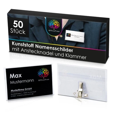 OfficeTree 50 Namensschilder mit Clip & Nadel inkl. 50 Einleger zum bedrucken