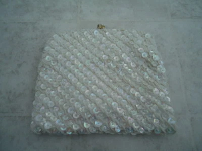 Vintage Fancy White Bead & Sequin Evening Bag Butterfly Clasp Optional Chain Han - Image 1 of 4