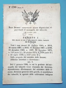 Decreto Regno Italia Alcune disposizioni del monopolio dei tabacchi 1883 - Foto 1 di 1