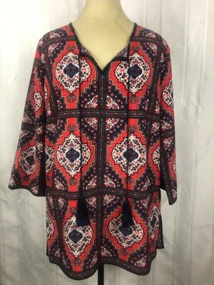 Kut from the Kloth Red Blue Geometric V-Neck 3/4 Sleeve Blouse Size S Tassels - Image 1 of 4