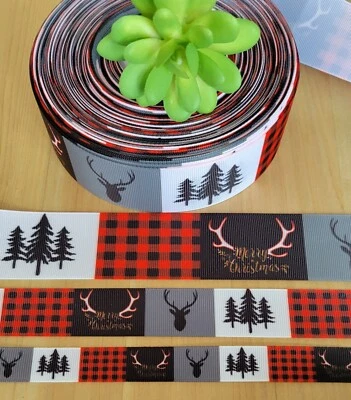 3/8, 5/8, 7/8, 1 & 1.5" (1 YD) Christmas Ribbon Buffalo Plaid Buck Deer Antlers - Image 1 of 3