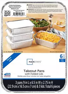 (3 pack) Mainstays Aluminum Foil Medium Takeout Pans with Folded Lids, 3 Count - Picture 1 of 9