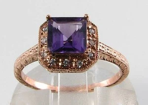 9CT 9K ROSE GOLD AMETHYST DIAMOND ART DECO INS CLUSTER HALO RING FREE RESIZE - Picture 1 of 6