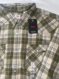 Levi's Pearl Snap The Western Shirt Men’s 3XL Long Sleeve Beige Green Plaid New - Picture 1 of 12