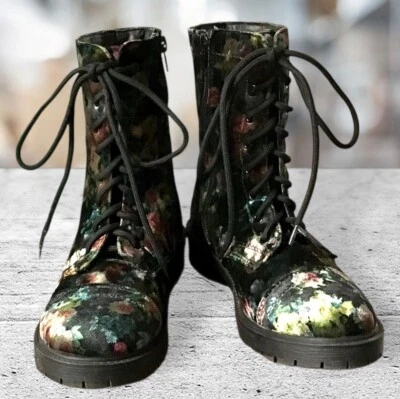 Madden Girl Eloisee Ankle Combat Boots Black Chunky Velvet Floral Y2K Wms 6.5 US - Image 1 of 4