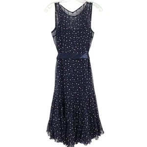 Rickie Freeman Teri Jon Women's 2 Chiffon Polka Dot Silk Pintucked Dress Blue - Picture 1 of 5
