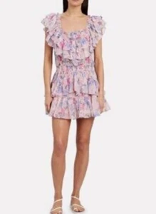 Mini Vestido LoveShackFancy Rosa Floral Talla L Algodón Seda Volantes Encaje Boho - Imagen 1 de 5