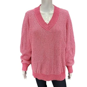 Belle by Kim Gravel Womens Chenille V-Neck Sweater 1X Plus Size Pink Pullover - Picture 1 of 9