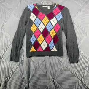 LIZGOLF Pullover grau bunt Argyle Strick V-Ausschnitt Langarm Baumwolle Gr. S - Bild 1 von 8