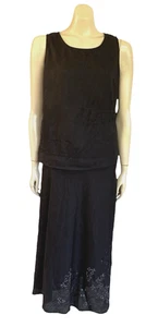 Duchamp 2 Piece Linen Midi A-Line Skirt & Tank Top Set Embroidered Black - Picture 1 of 21