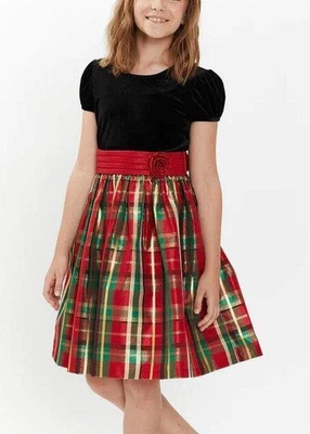 BONNIE JEAN Girl's 5 Hope Short Sleeve Velvet & Plaid Taffeta Rosette Dress NWT - Image 1 of 3