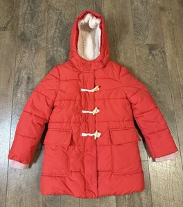 Boden Girls Red Hooded Puffer Coat With Faux Fur Lining Size 7/8Y - Picture 1 of 7