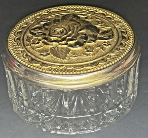 KIG Indonesia Crystal Powder Vanity Dish Gold Tone Roses Lid Mirror Vintage - Picture 1 of 8