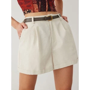 CIDER beige Leinenmischung Plissee Hose Shorts Größe L hoher Bund Taschen - Bild 1 von 14