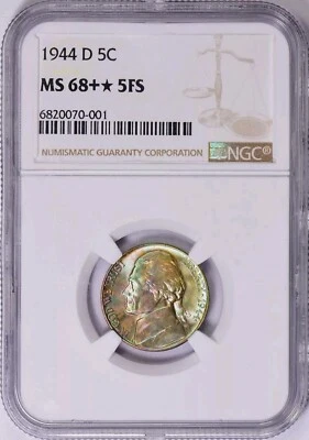 1944 D Silver War Nickel NGC MS68+*5FS Plus Star Full Steps Toned Finest Known - Image 1 of 4
