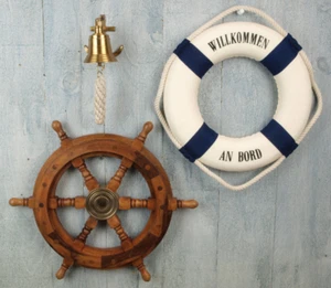 3tlg. Deko Set Steuerrad 30cm Rettungsring 25cm b/w Schiffsglocke Anker maritim - Bild 1 von 3
