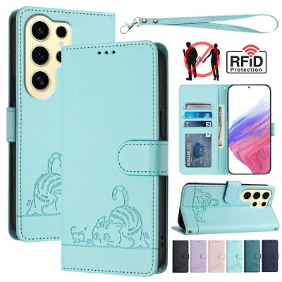 For Samsung S24 Ultra S23 S22 S21Plus Cute Cat Leather Wallet Case RFID Blocking - Image 1 of 4
