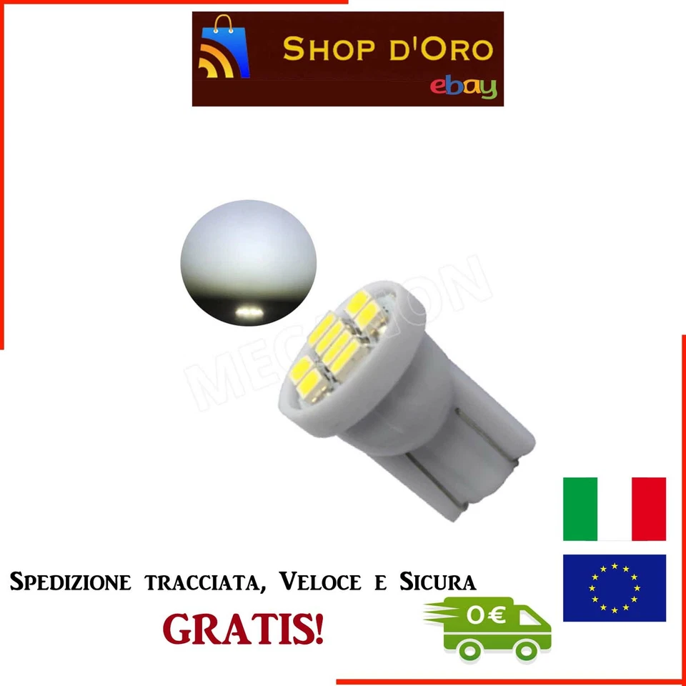 10 Lampade T10 W5W LED 6Volt Bianche 6.3V 194 168 1206 3020 SMD 80lumen - Immagine 1 di 3