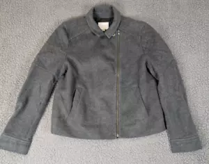 LOFT Ann Taylor Womens Fleece Moto Jacket L Gray Biker Heavy Buckle Zips - Picture 1 of 13
