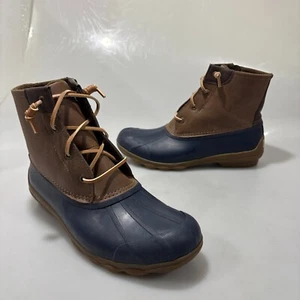 Sperry Womens 8.5 Syren Navy Blue Rubber Brown Leather Duck Boots NEW STS84628 - Picture 1 of 7
