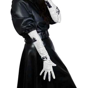 50CM NEWS Gloves Faux Patent Leather LATEX Shiny Look Newspaper Theme Elbow Long - Picture 1 of 13