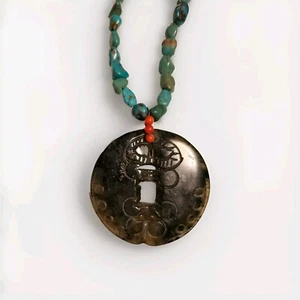 Collar Piedra Fase Lunar, Cornalina Turquesa 18" Cadena Cuentas, Colgante Moneda 2" - Imagen 1 de 7