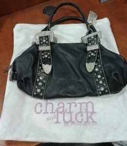 charm and luck by jenny syquia Black Genuine Leather Purse Bag Bling Buckles - Picture 1 of 12