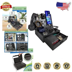 Stylish Black Nightstand Organizer with Drawer for Watches, Wallets, and More - Picture 1 of 9