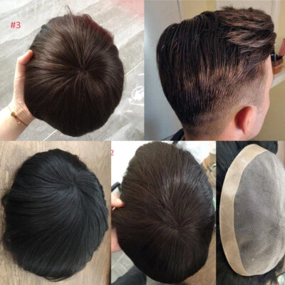 Durable Mens Toupee Human Hair Replacement System Fine Mono Poly Skin Hairpiece - Image 1 of 3