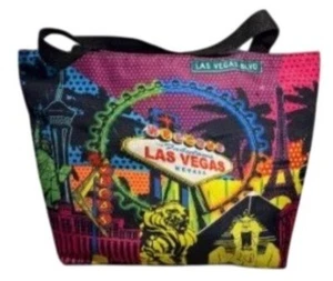 LAS VEGAS THEMED MULTICOLOR TOTE BAG WITH ZIPPER CLOSURE & BLACK STRAPS - Picture 1 of 7