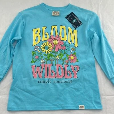 Simply Southern Shirt Girls Small Blue Long Sleeve Shirt Bloom Wildly Floral - Image 1 of 4