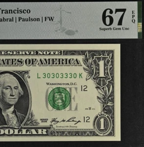 2006 $1 Federal Reserve Note PMG 67EPQ Superb Gem Fancy Serial Number 30303330 - Picture 1 of 3
