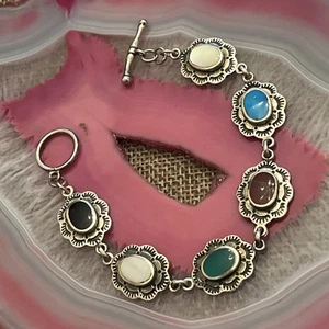 Vtg Southwest Native Sterling Silver Multi Stone Inlay Stamped Panel Bracelet - Picture 1 of 16