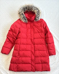 Abrigo acolchado rojo para mujer Lands End chaqueta de invierno talla 10/12 ribete de piel sintética mediano - Imagen 1 de 12