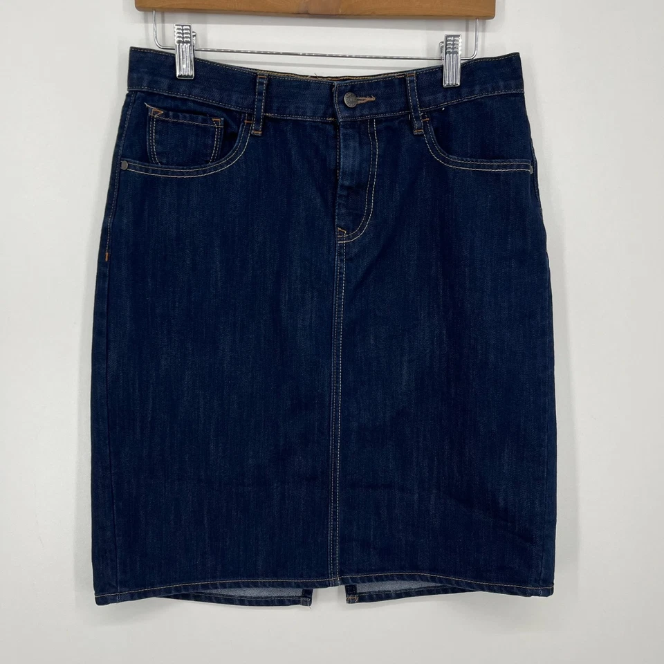Falda vaquera antigua azul marino para mujer talla 8 azul tiro alto hasta la rodilla algodón lavado oscuro Foto 1 de 4