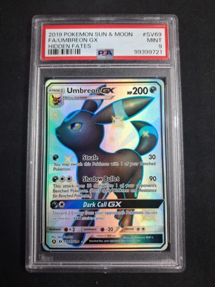 2019 POKEMON SUN & MOON HIDDEN FATES #SV69 FULL ART/UMBREON GX PSA 9 - Image 1 of 4