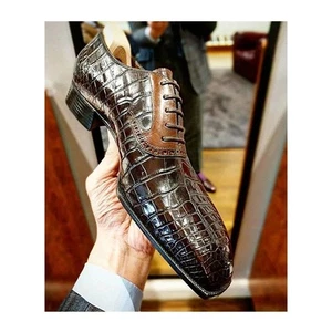Men Handmade Leather Oxford Crocodile Pattern Dress Shoes Formal Brown Boot - Picture 1 of 5