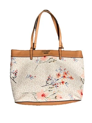 Guess White Floral Print Womens Handbag Brown Lining   - Image 1 of 4