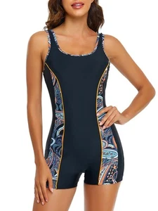 Women's Paisley Floral Athletic Boyshorts One Piece Bathing Suit with Contras... - Picture 1 of 6