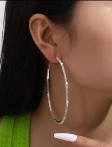 Silver Tone Extra Large Rhinestone Hoop Earrings Statement Hoops - Picture 1 of 3