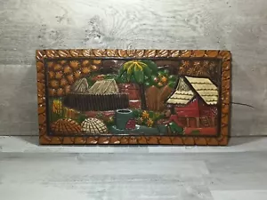 Vintage Asian Hand Carved Painted Ethnographic Hanging Panel Folk Art - Farmland - Picture 1 of 15