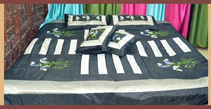 Black patch Silk Embroidered Bed Cover Sheet pillow set full Queen from India - Picture 1 of 6
