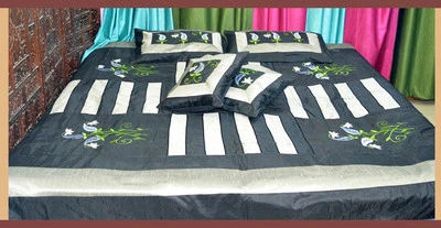 Juego completo de sábanas funda cama bordada seda parche negro Queen de la India Foto 1 de 4