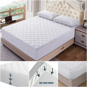 Luxury Quilted Mattress Topper Protector 100% Cotton Extra Deep Fitted Bed Cover - Picture 1 of 12