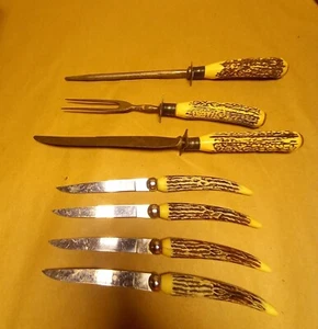 Vintage Japan Stainless Steel Faux Stag Horn Antler Wood Handle knives and fork - Picture 1 of 2