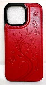 iPhone 14 Pro Max Red Leather Case Butterfly Swirl Holds 4 Credit Cards - Picture 1 of 10